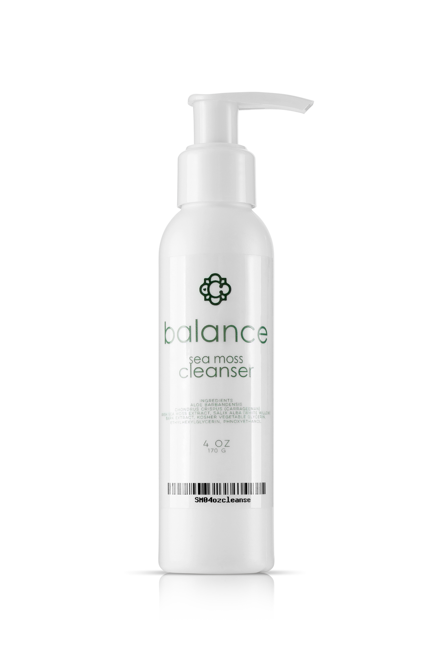 White bottle of Candee Skin Brand 'balance' sea moss cleanser on a white background