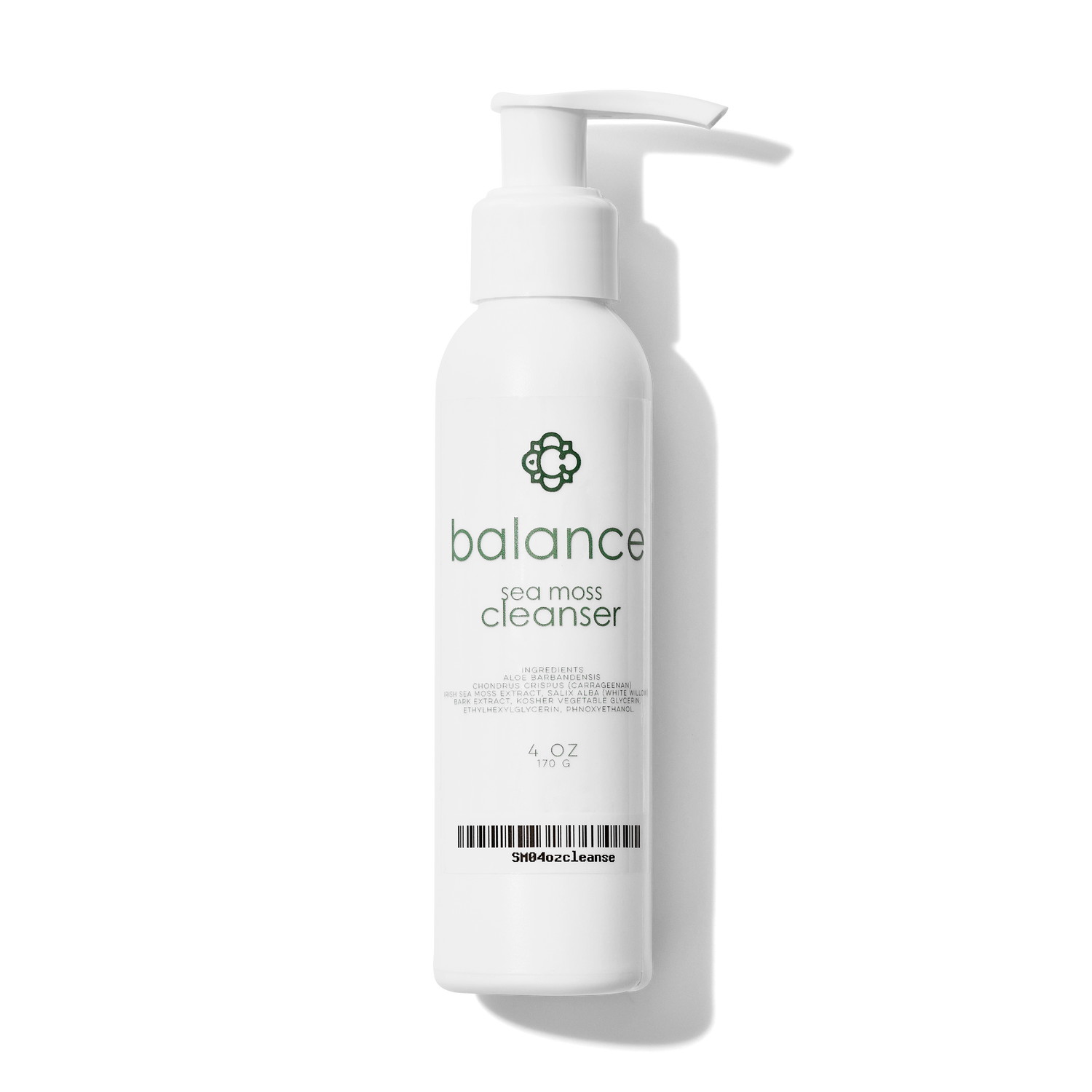 White bottle of Candee Skin Brand balance sea moss cleanser on a white background