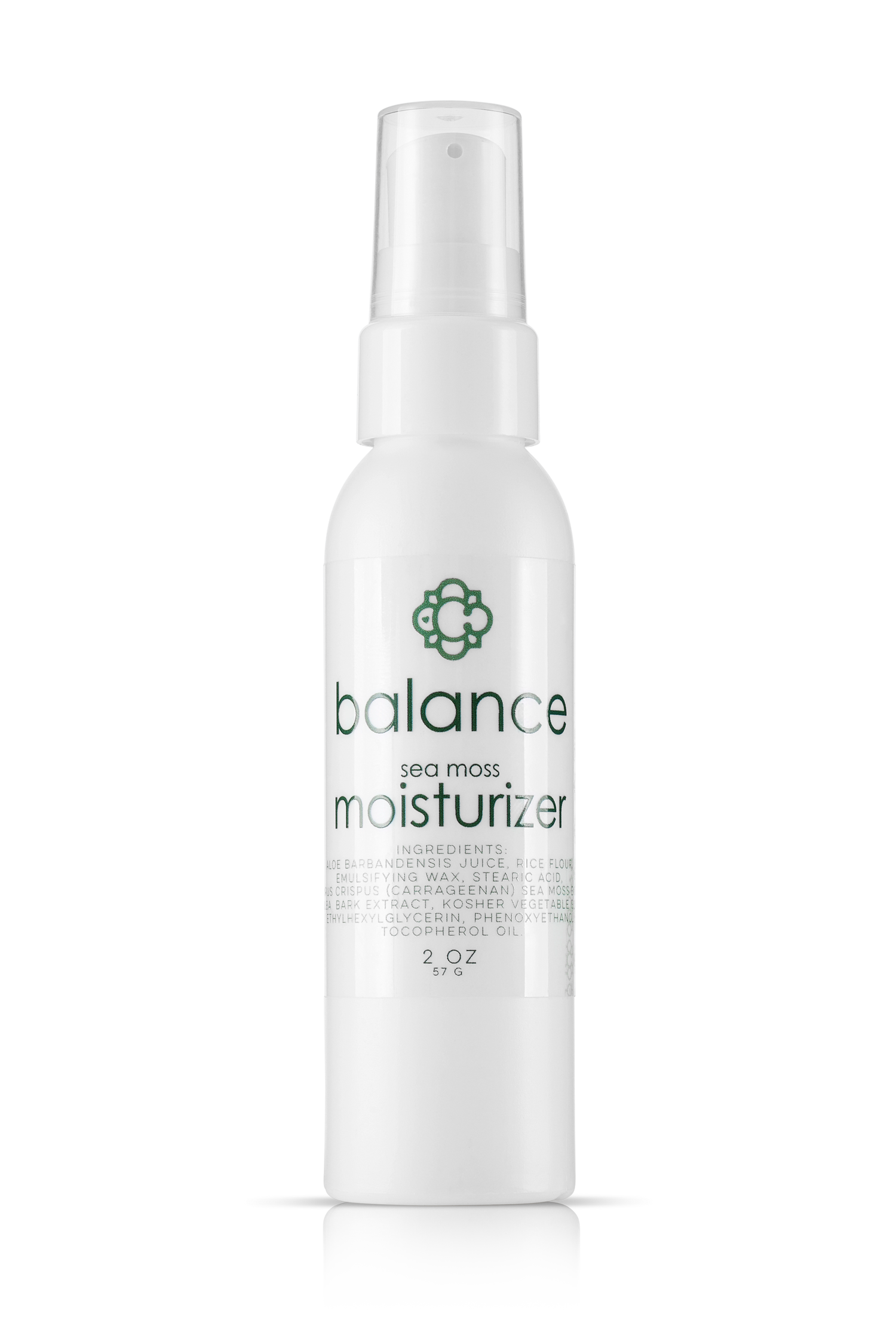 White bottle of Candee Skin Brand balance sea moss moisturizer on a white background