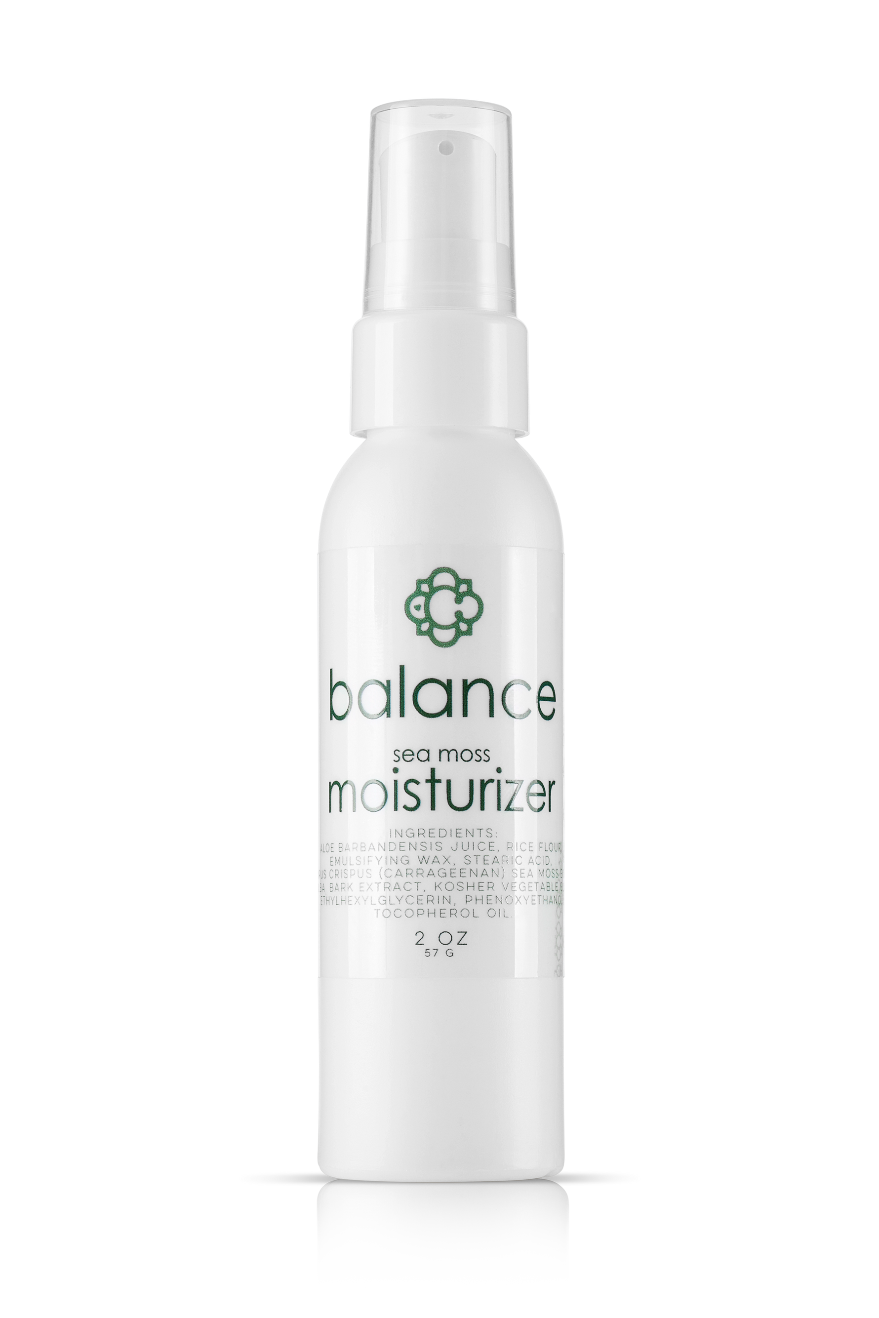 White bottle of Candee Skin Brand balance sea moss moisturizer on a white background