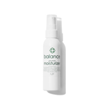 White bottle of Candee Skin Brand 'balance' moisturizer on a white background