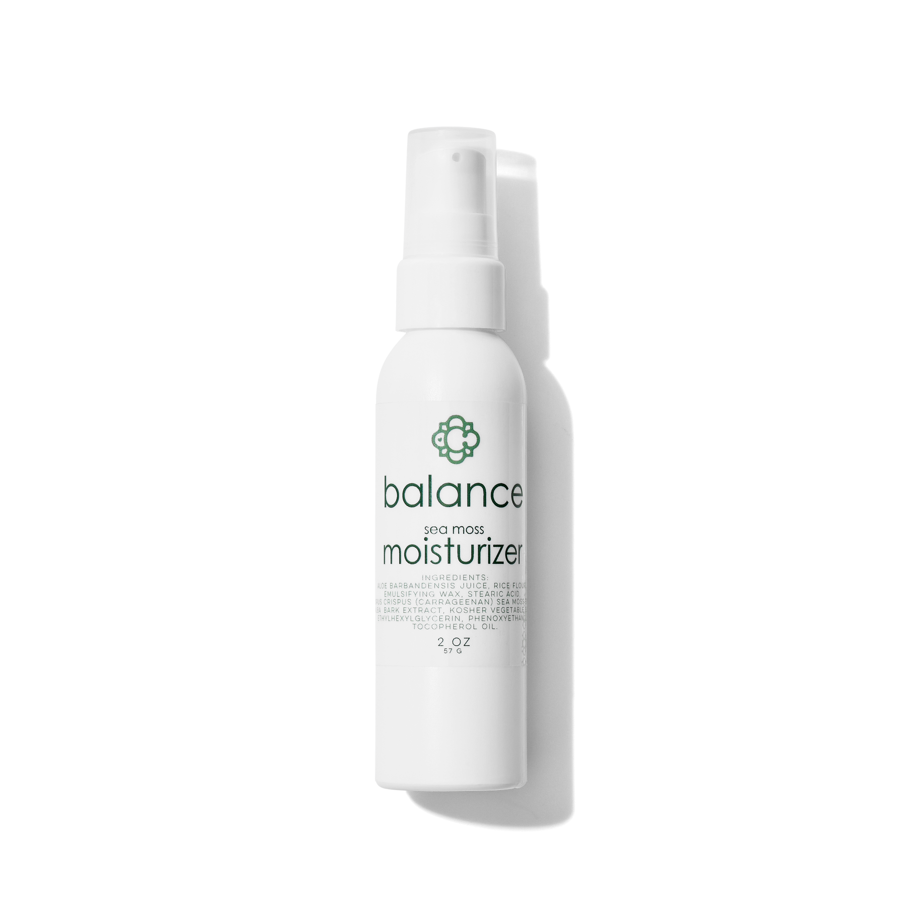 White bottle of Candee Skin Brand 'balance' moisturizer on a white background