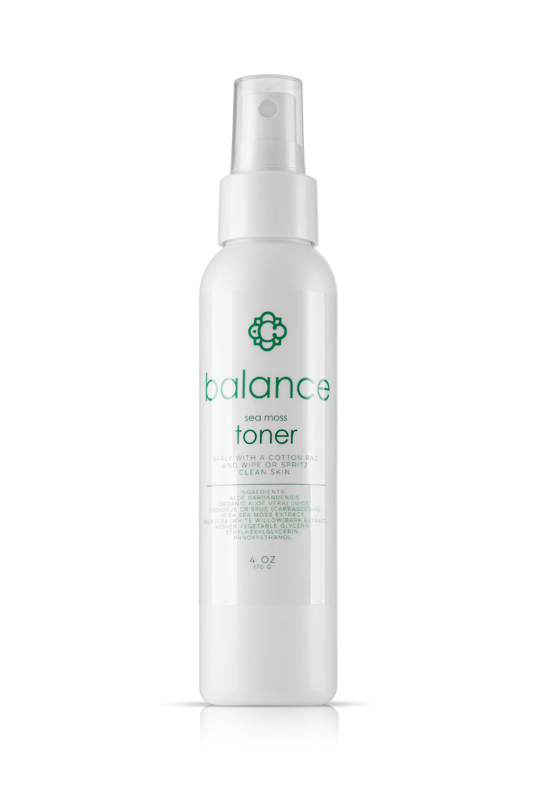 White bottle of Candee Skin Brand balance toner with green text on a white background