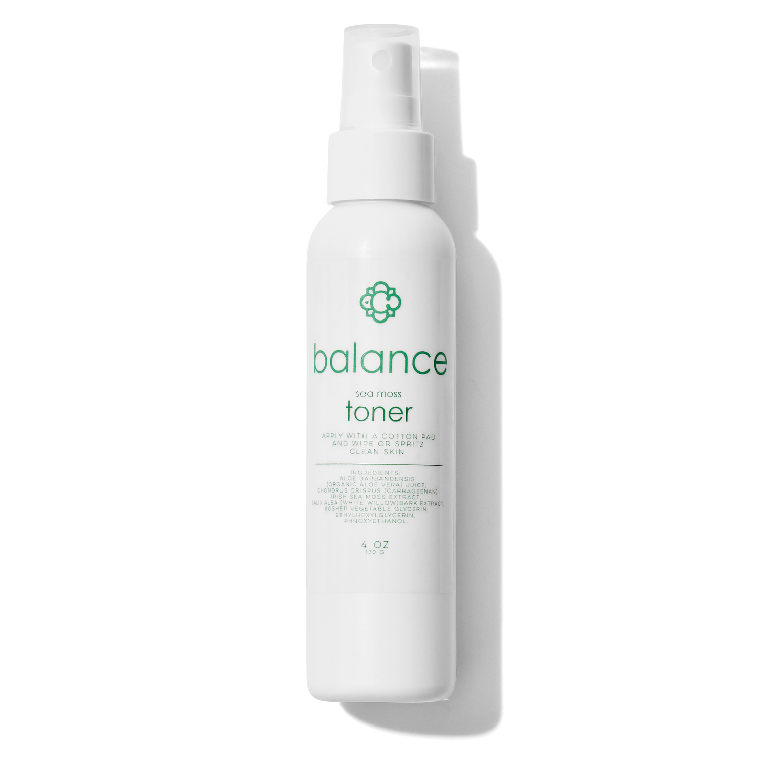 White bottle of Candee Skin Brand balance toner with a green logo on a white background