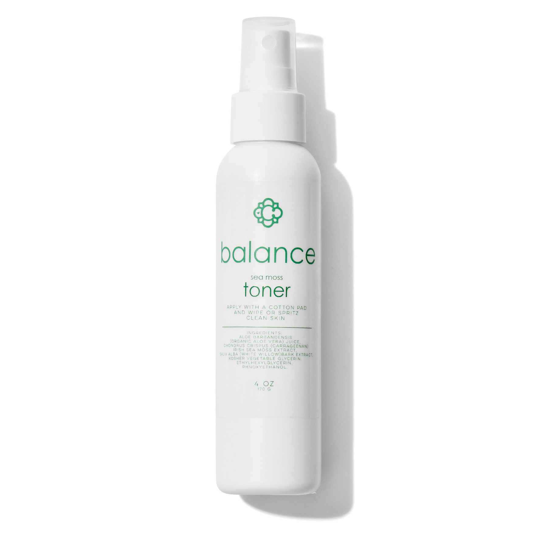 White bottle of Candee Skin Brand balance toner with a green logo on a white background