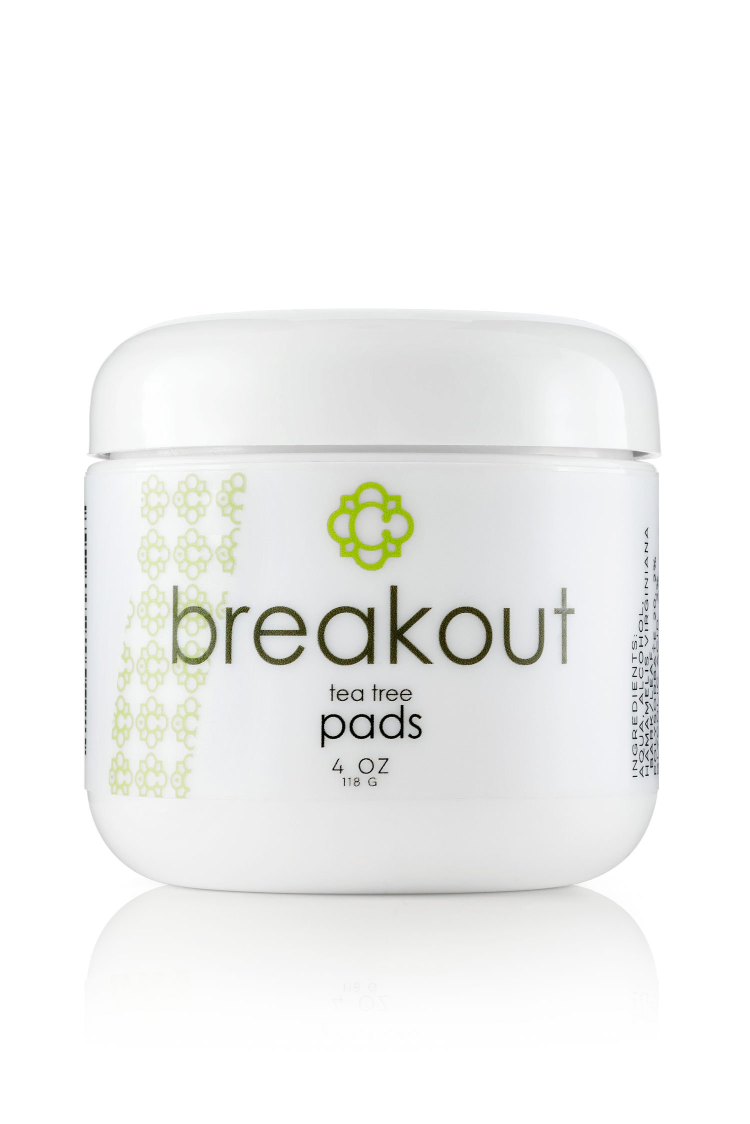 Jar of Candee Skin Brand 'breakout' tea tree pads on a white background