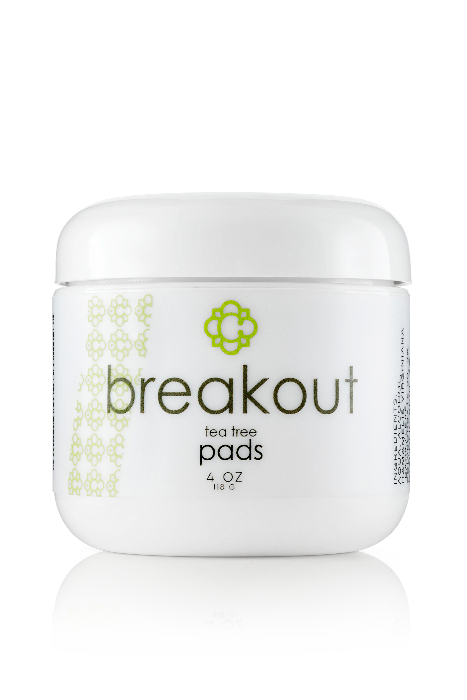 Jar of Candee Skin Brand 'breakout' tea tree pads on a white background