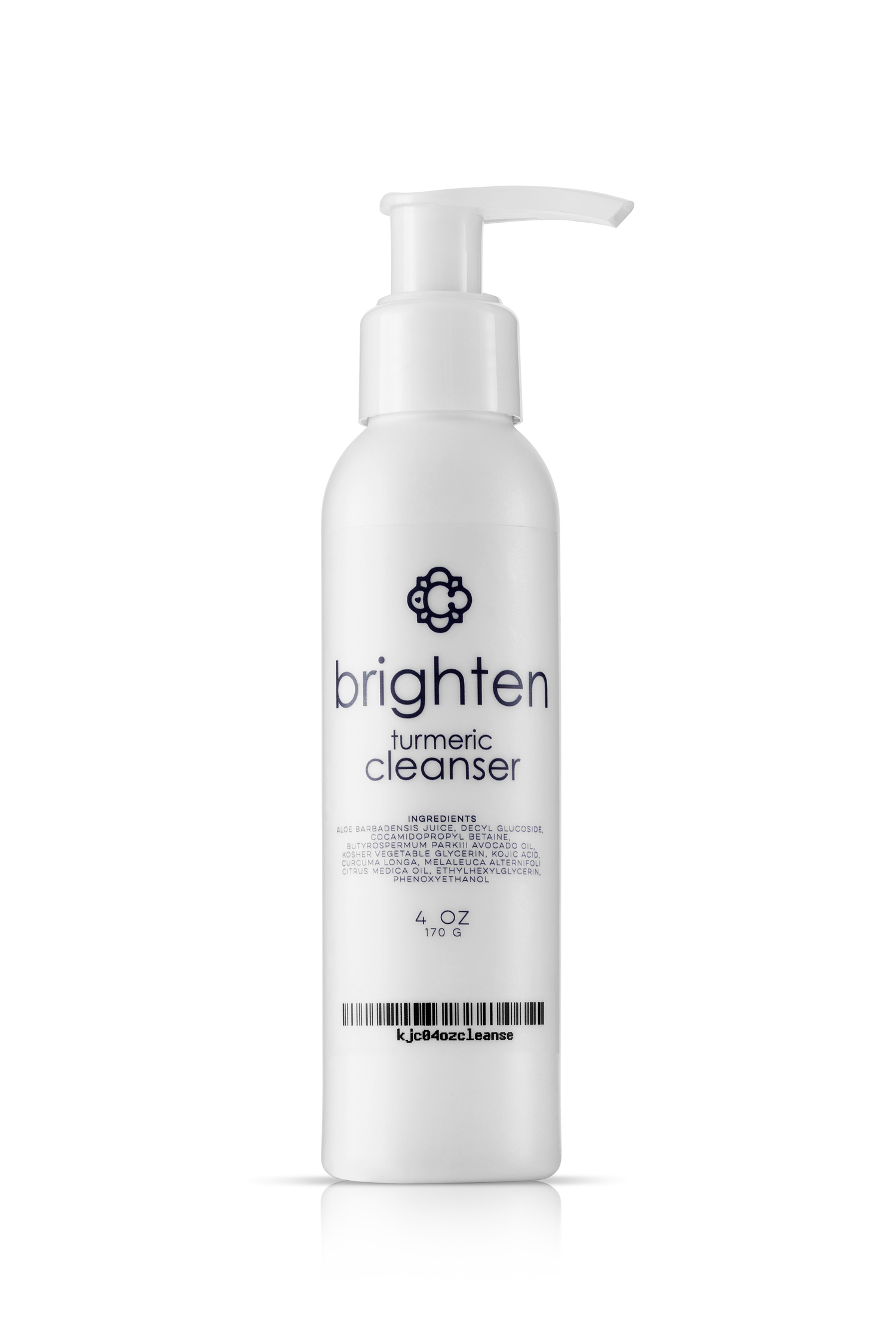 White bottle of 'Candee Skin Brand brighten' turmeric cleanser on a white background