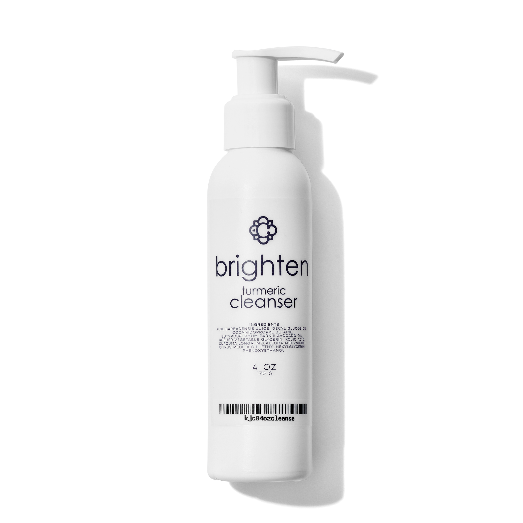 White bottle of Candee Skin Brand 'brighten' turmeric cleanser on a white background