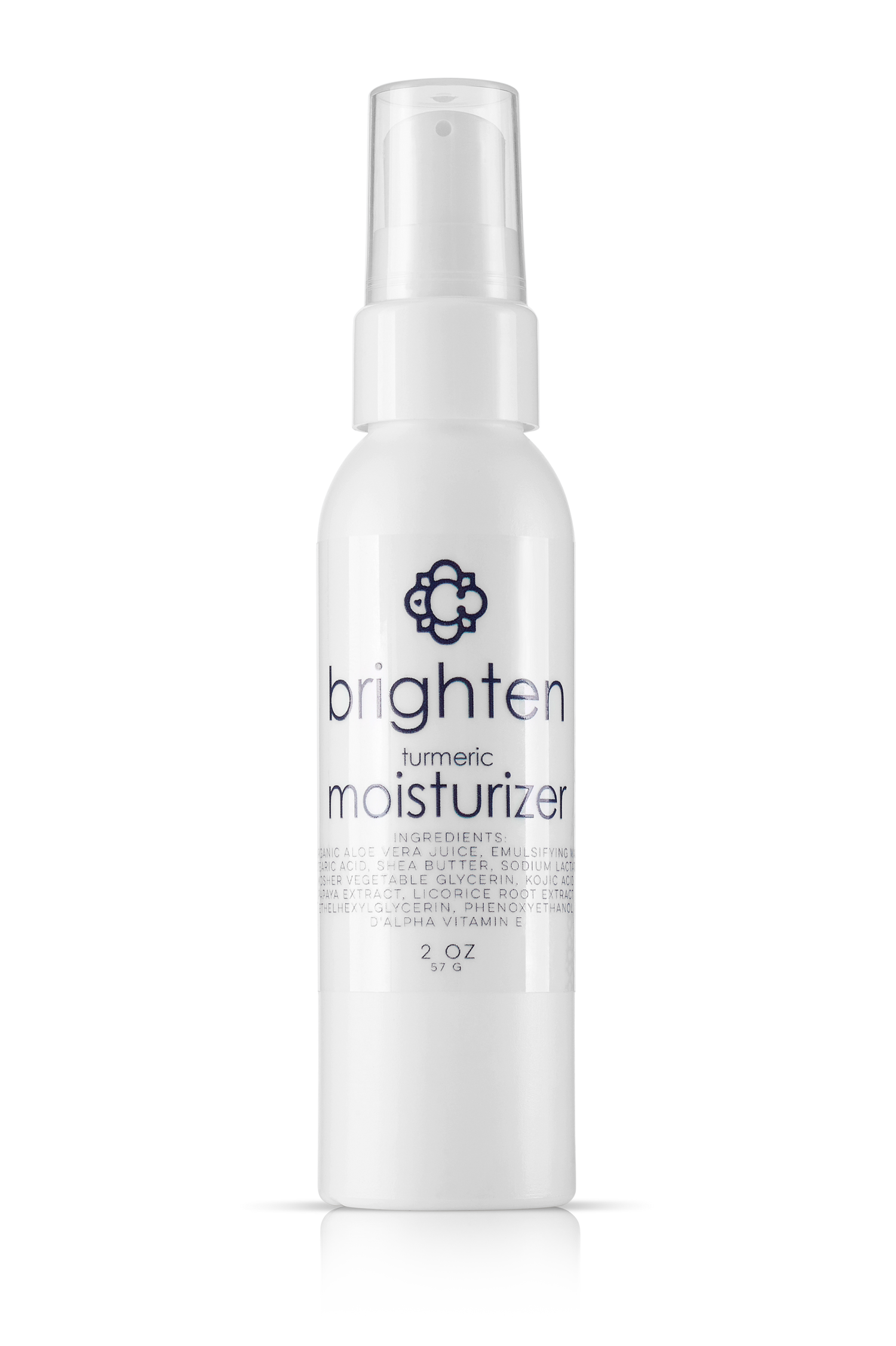 White bottle of Candee Skin Brand 'brighten' turmeric moisturizer on a white background