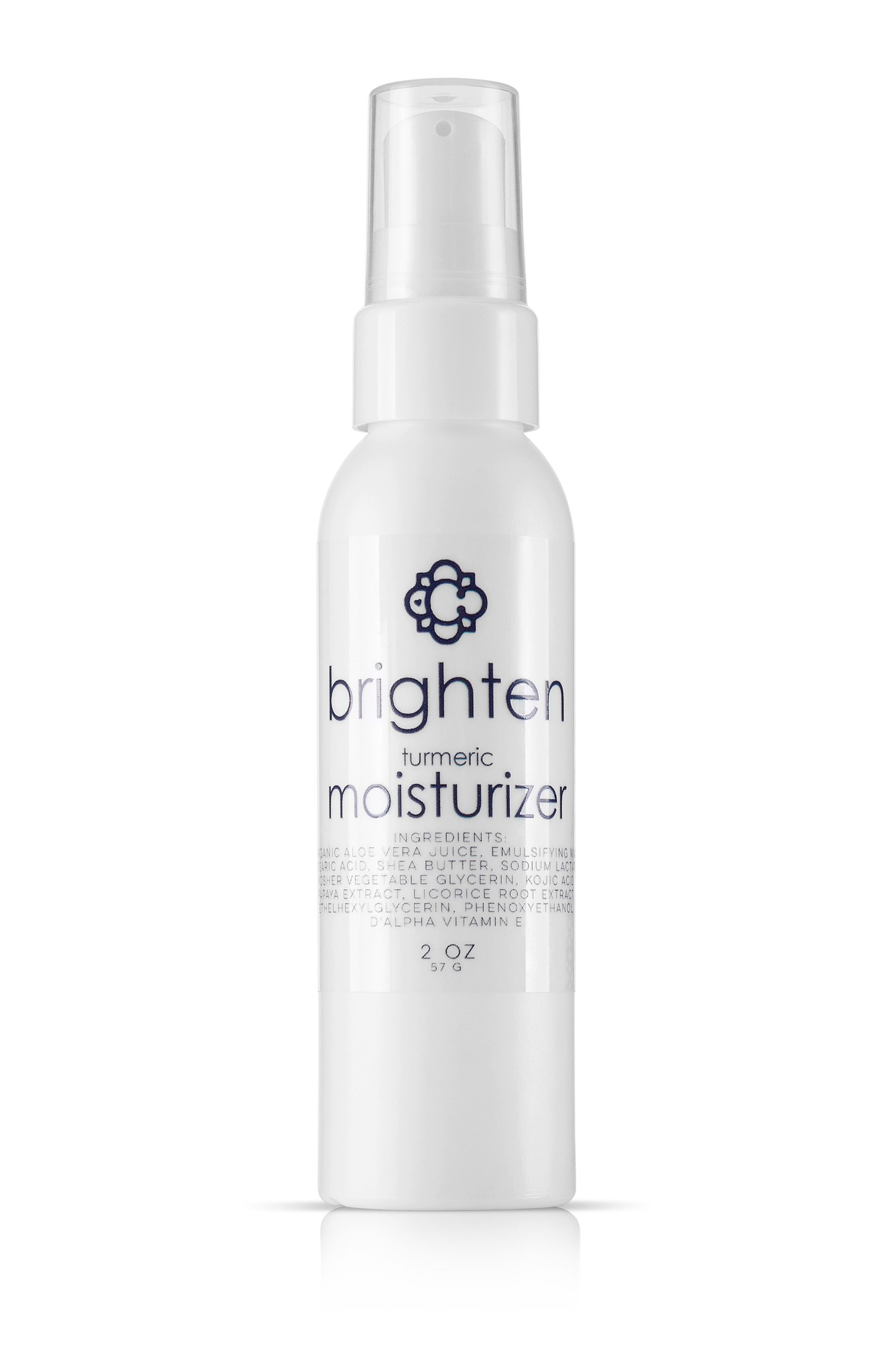 White bottle of Candee Skin Brand 'brighten' turmeric moisturizer on a white background