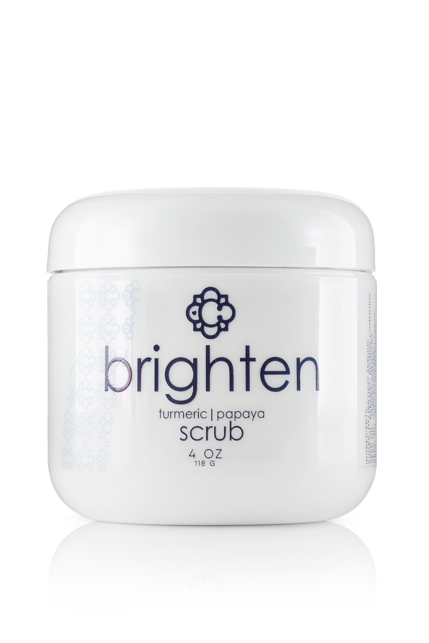 Jar of Candee Skin Brand 'brighten' turmeric papaya scrub on a white background