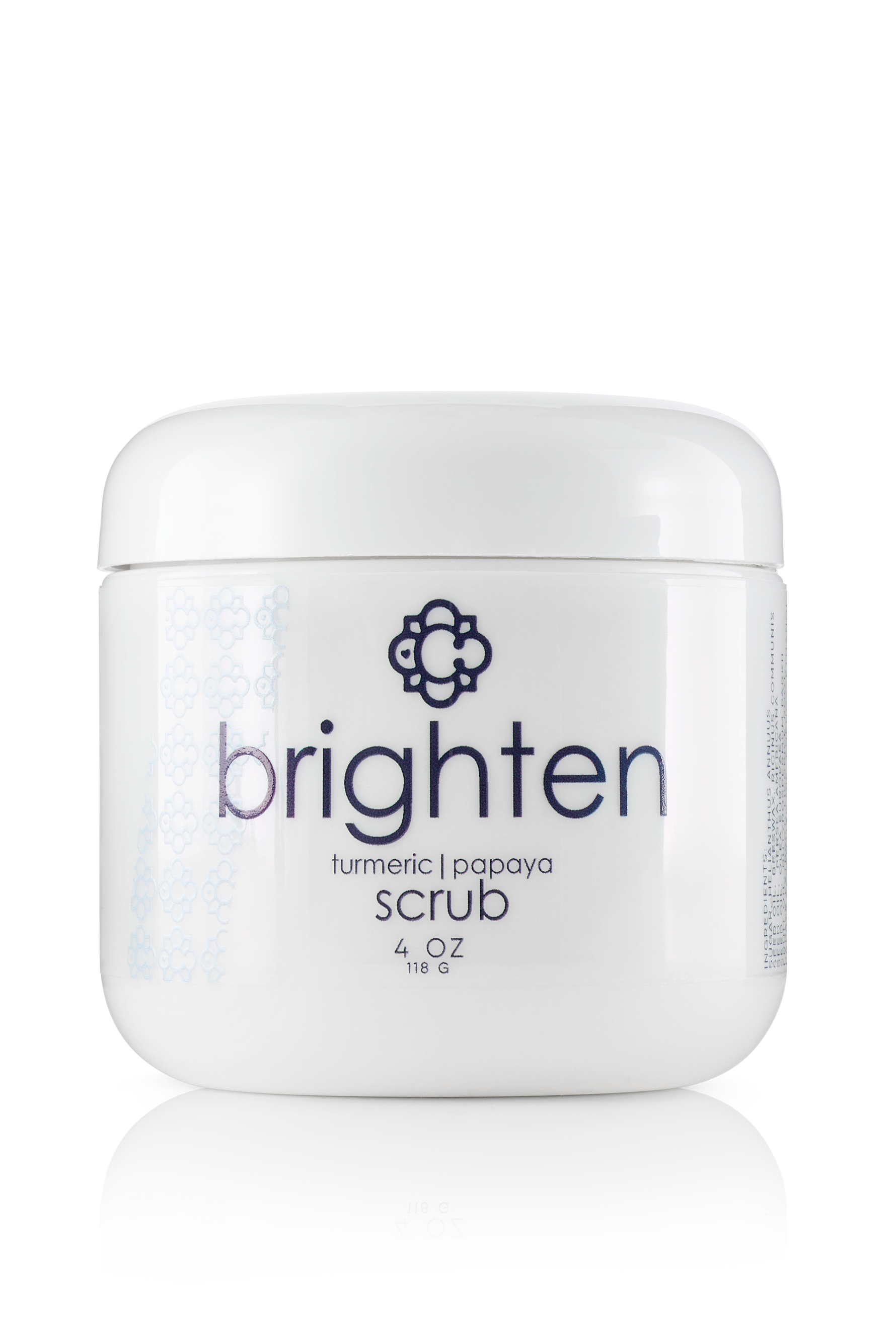 Jar of Candee Skin Brand 'brighten' turmeric papaya scrub on a white background