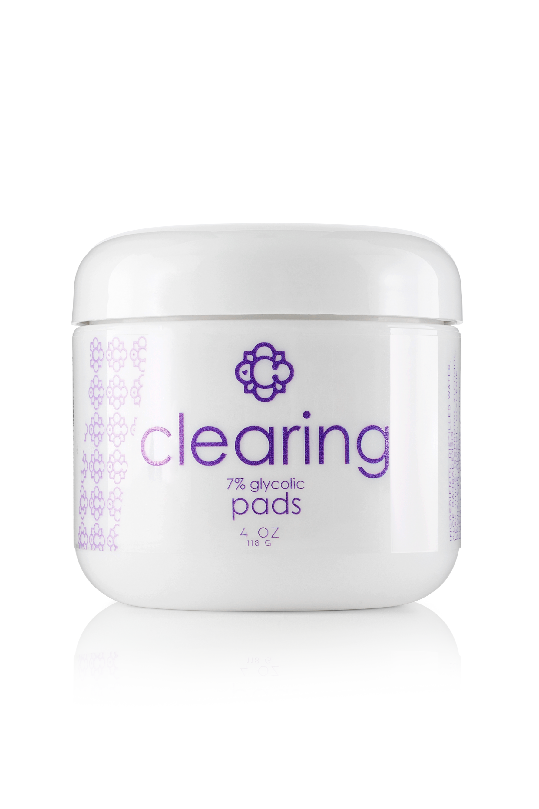 White container Candee Skin Brand' clearing' with purple text on a white background