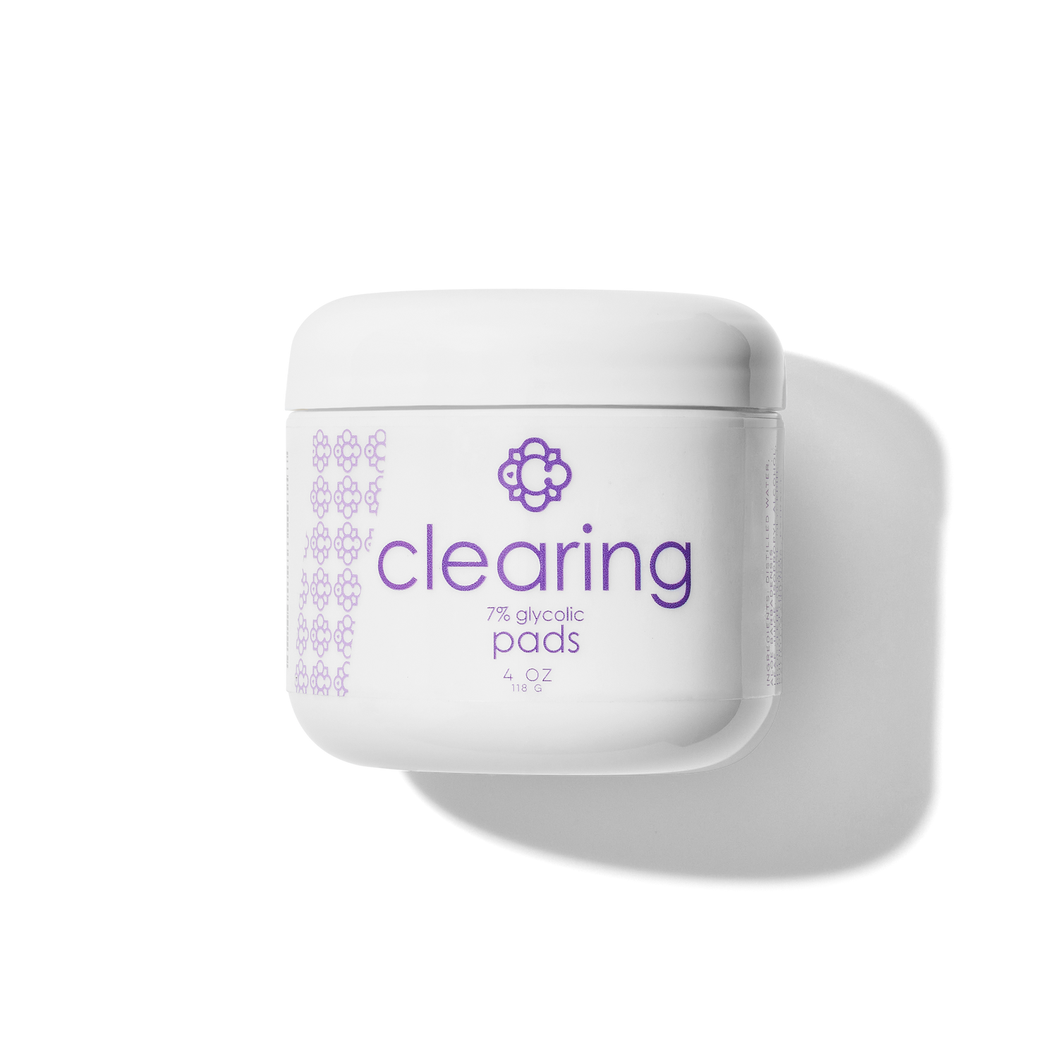 White container Candee Skin Brand 'clearing' with purple text on a white background