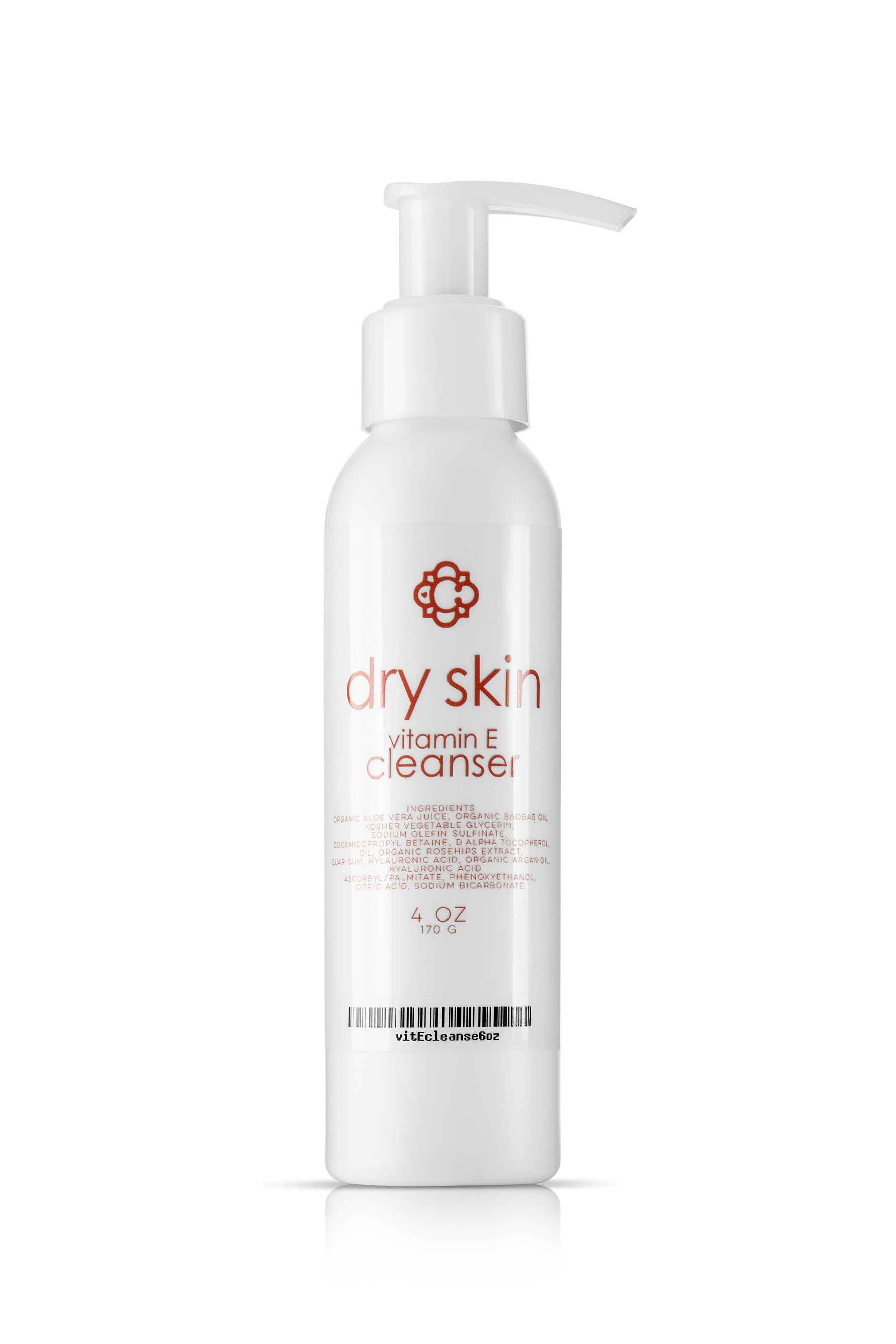 White bottle of Candee Skin Brand dry skin vitamin E cleanser on a white background
