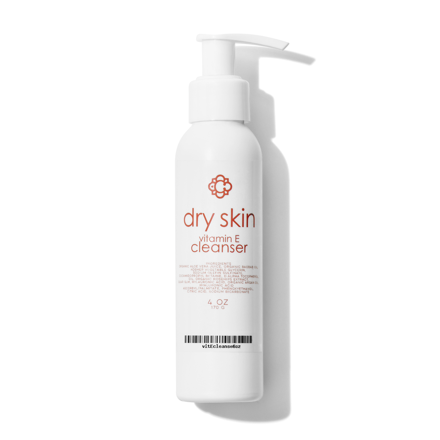 White bottle of  Candee Skin Brand vitamin E cleanser for dry skin on a white background