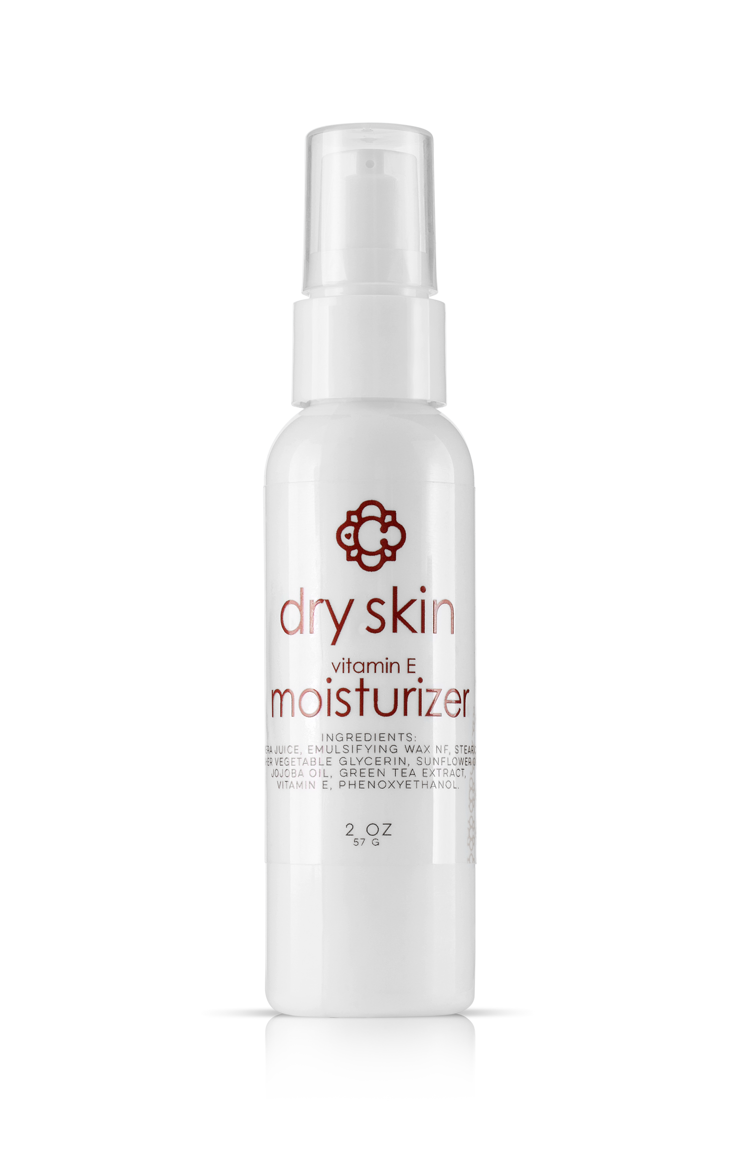 Candee Skin Brand White bottle of dry skin moisturizer with red text on a white background