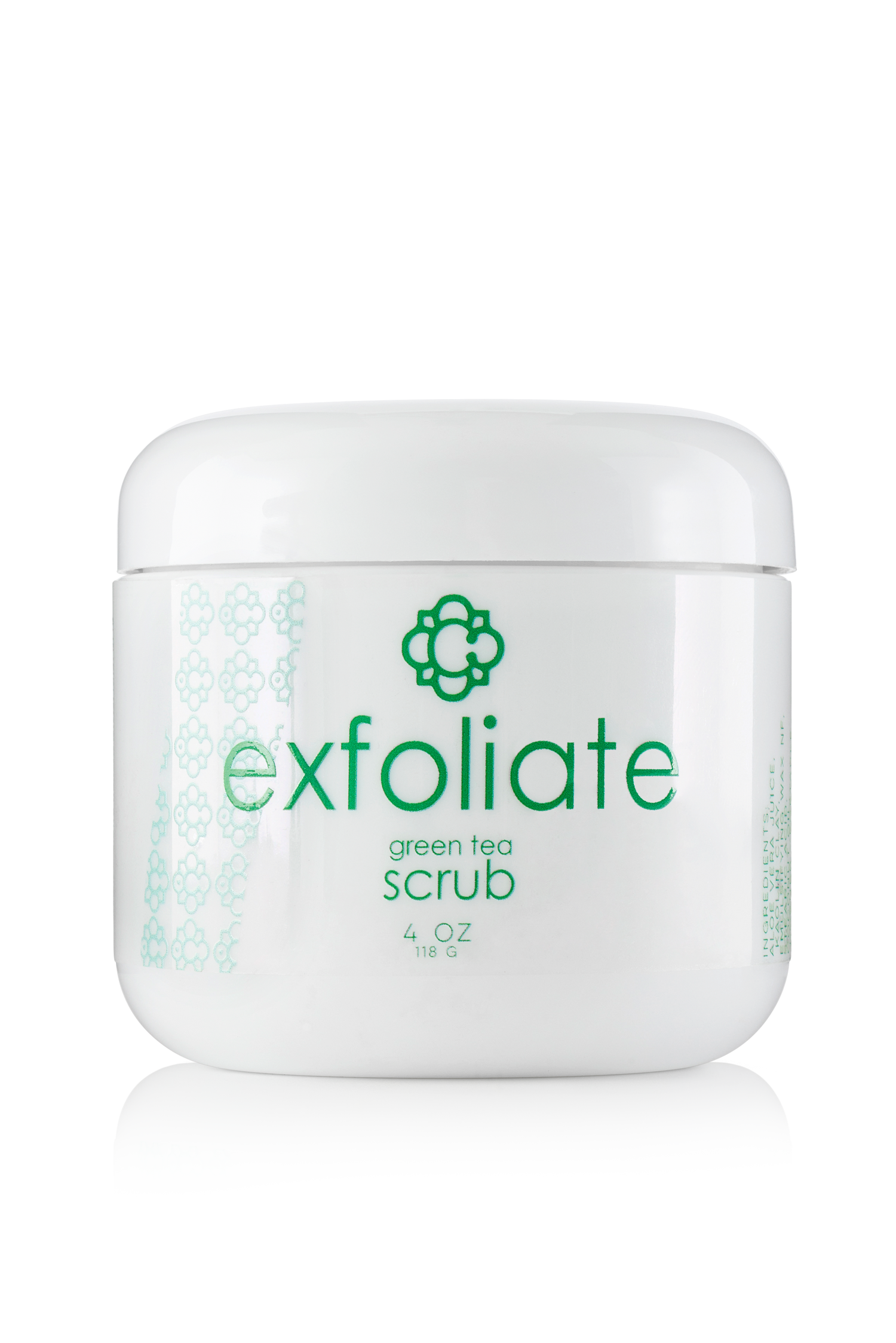 Jar of Candee Skin Brand green tea scrub with 'exfoliate' text on a white background