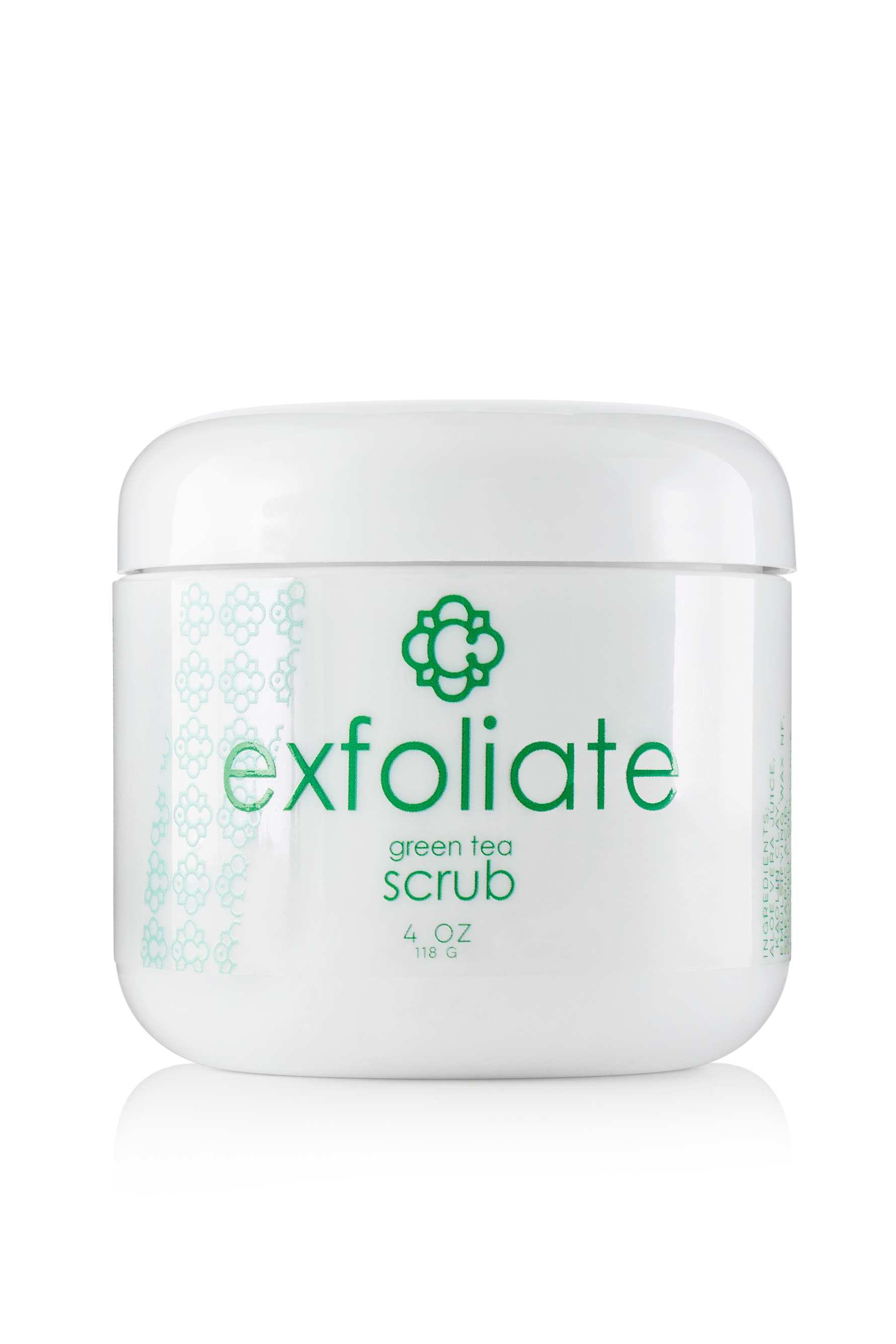 Jar of Candee Skin Brand green tea scrub with 'exfoliate' text on a white background