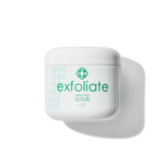 White container of Candee Skin Brand green tea scrub with 'exfoliate' text on a white background