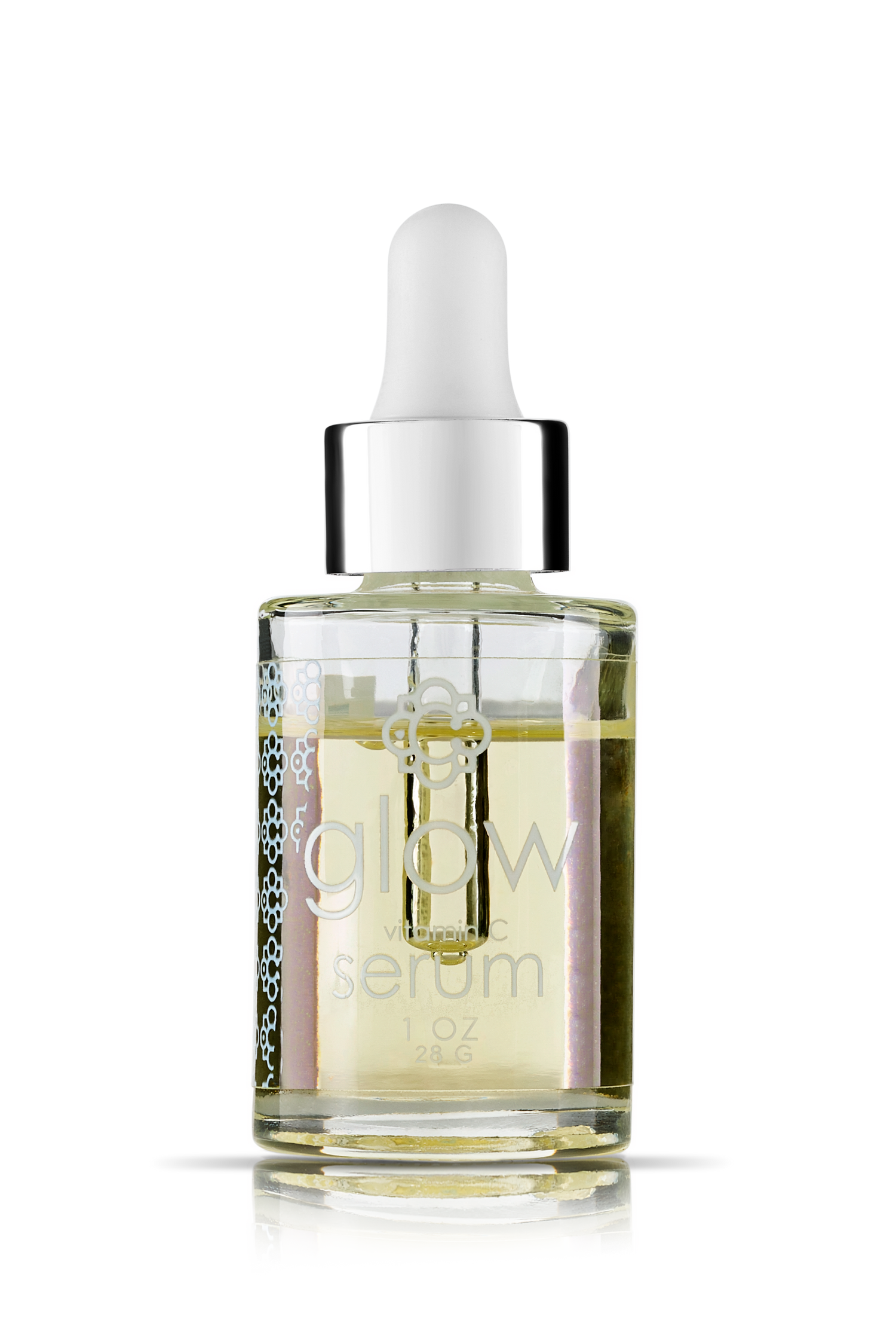 Candee Skin Brand Glass serum bottle with dropper labeled 'The Glow Serum' on a white background