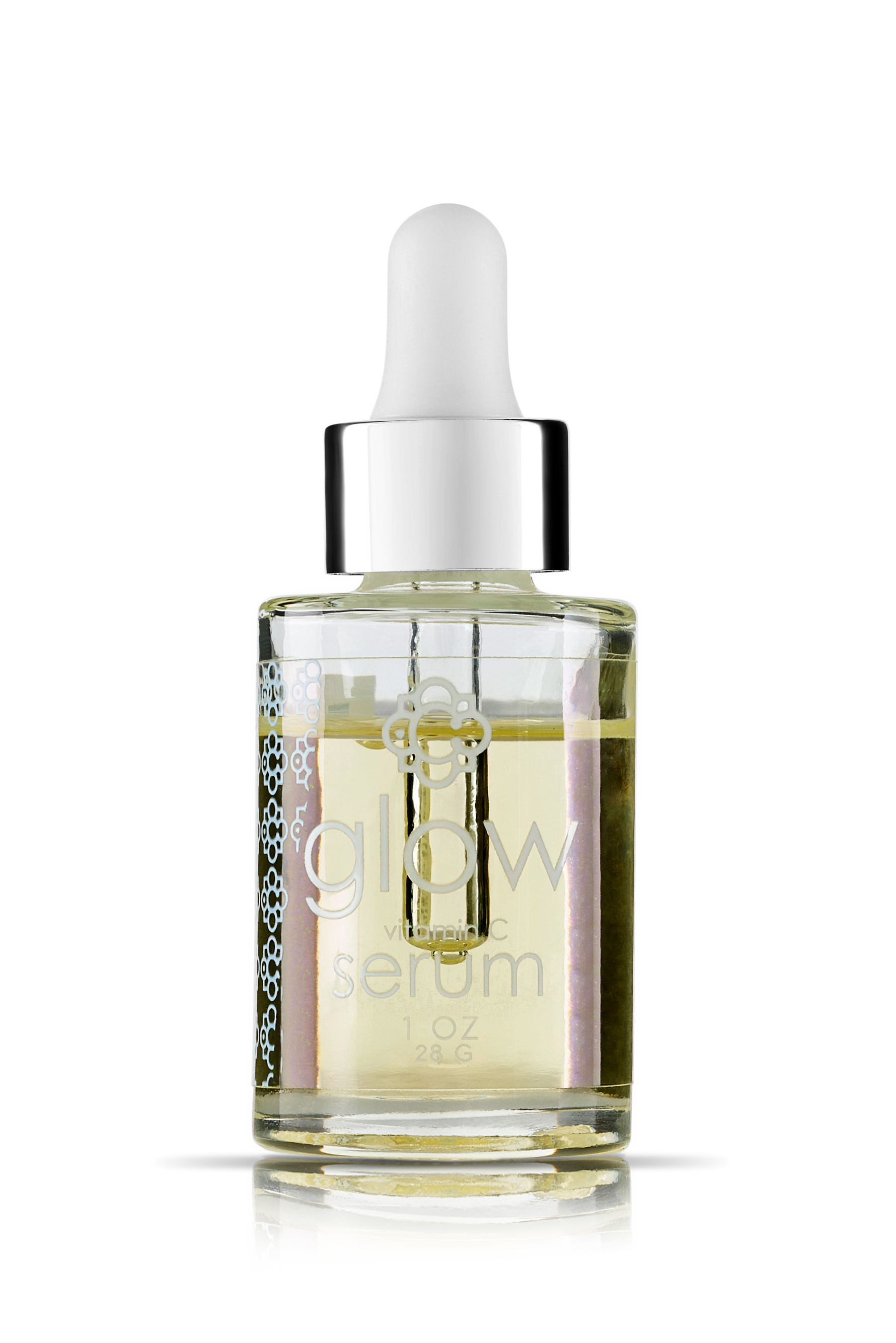 Candee Skin Brand Glass serum bottle with dropper labeled 'The Glow Serum' on a white background