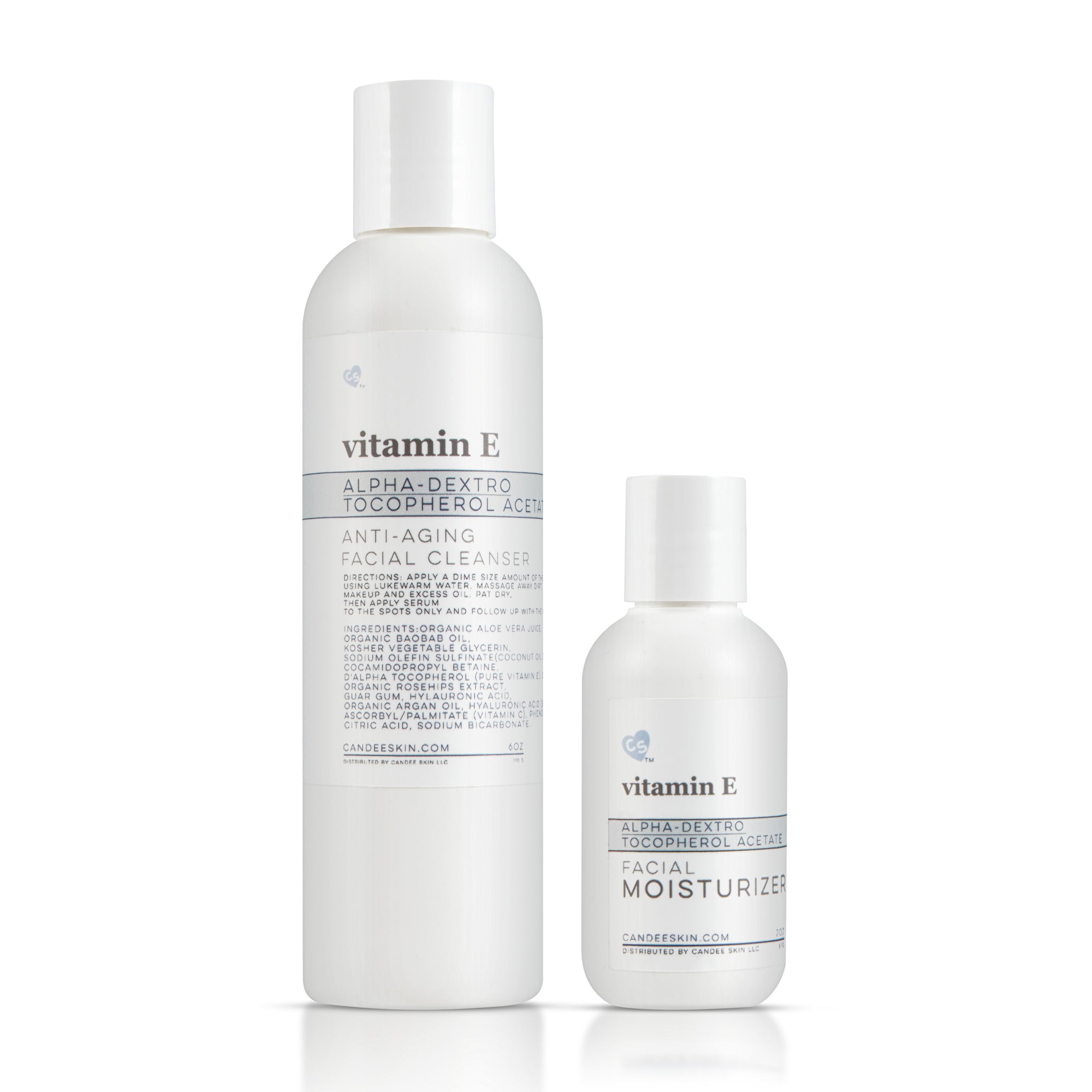 Vitamin E d'Alpha Facial Moisturizer & Anti-Aging Facial Cleanser. Candee Skin Products. Skin Care Science Simplified.