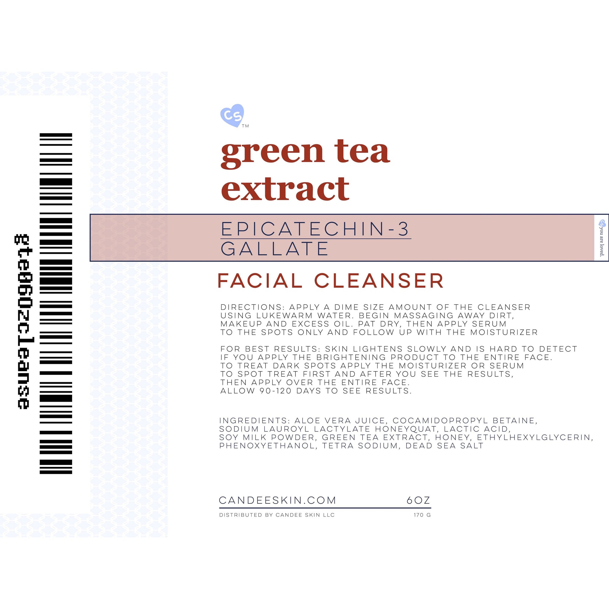 Green Tea Extract Facial Cleanser Ingredients/ Directions.Candee Skin Products. Simplified Skin Care Science.